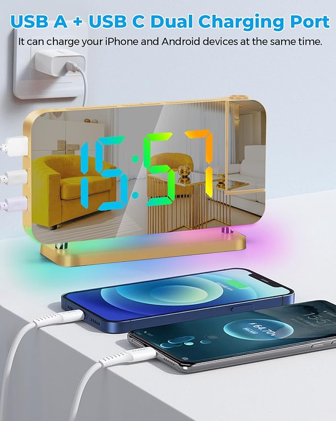 SZELAM Projection Alarm Clock, 7.4" LED Mirror Digital Clocks Large Display - Image 6