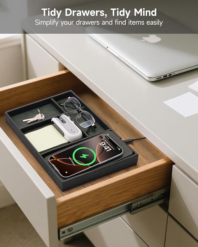 Valet Tray, Built in Wireless Charging Pad, Nightstand Organizer, Two-Toned - Image 5