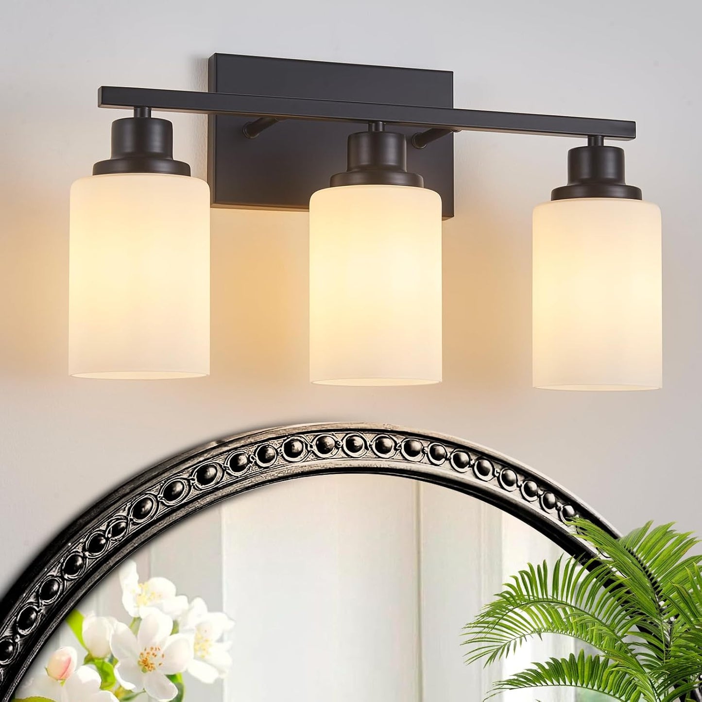 3-Light Black Bathroom Light Fixture Over Mirror,Modern Farmhouse Vanity Light,Wall Sconces with Milky White Glass Shade for Bathroom,Bedroom, Living Room,Staircase,Hallway E26