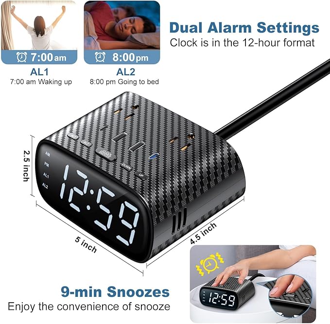 10PCS Alarm Clock with 2 USB-C, 2 USB-A Chargers Power Strip 2 Outlets - Image 4