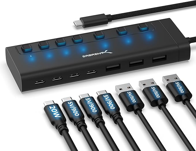 SABRENT 7-Port USB-C Hub with Power Switches, 5Gbps USB 3.2, 48W Powered Hub by SABRENT