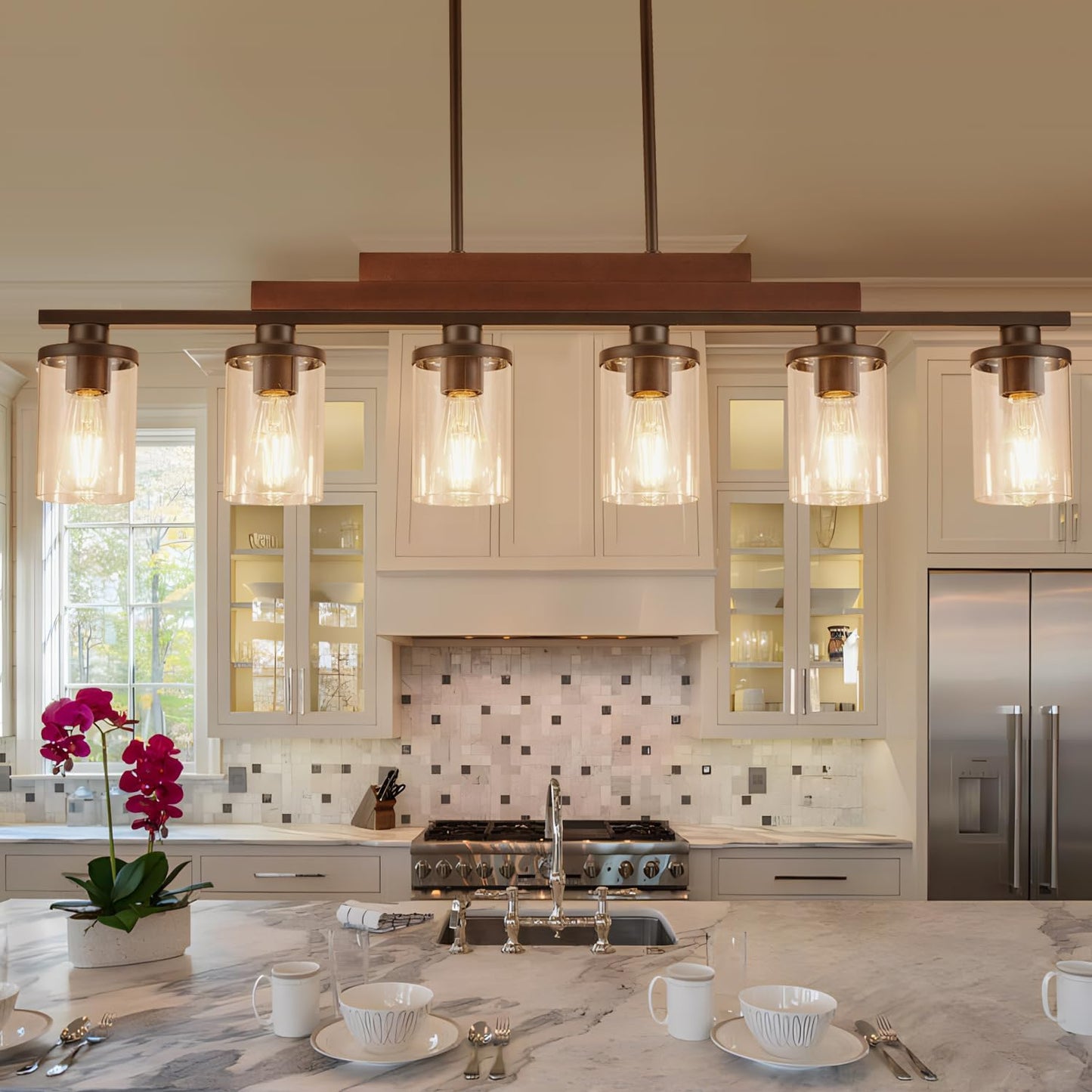 Farmhouse Chandelier 6-Light Dining Room Light Fixture Over Table Kitchen Island Lighting Rustic Chandeliers for Dining Light with Glass Shade Wood Pendant Lights Kitchen Island