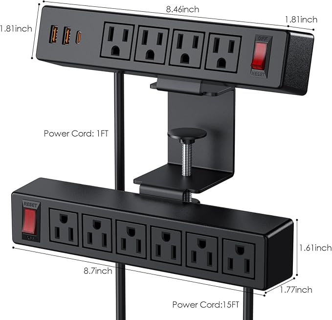 Dual Layer Desk Clamp Power Strip Surge Protector, Under Desk Power Strip - Image 5