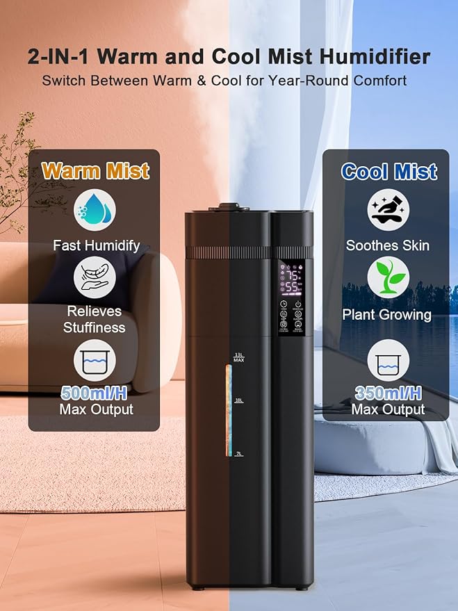 Zeova 13L/3.4Gal Humidifiers for Bedroom, Ultrasonic Warm & Cool Mist - Image 2