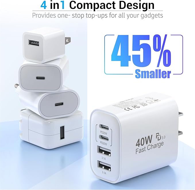 USB C Charger Block, 40W 4 Ports USB-C Wall Charger Plug Fast Charging - Image 6