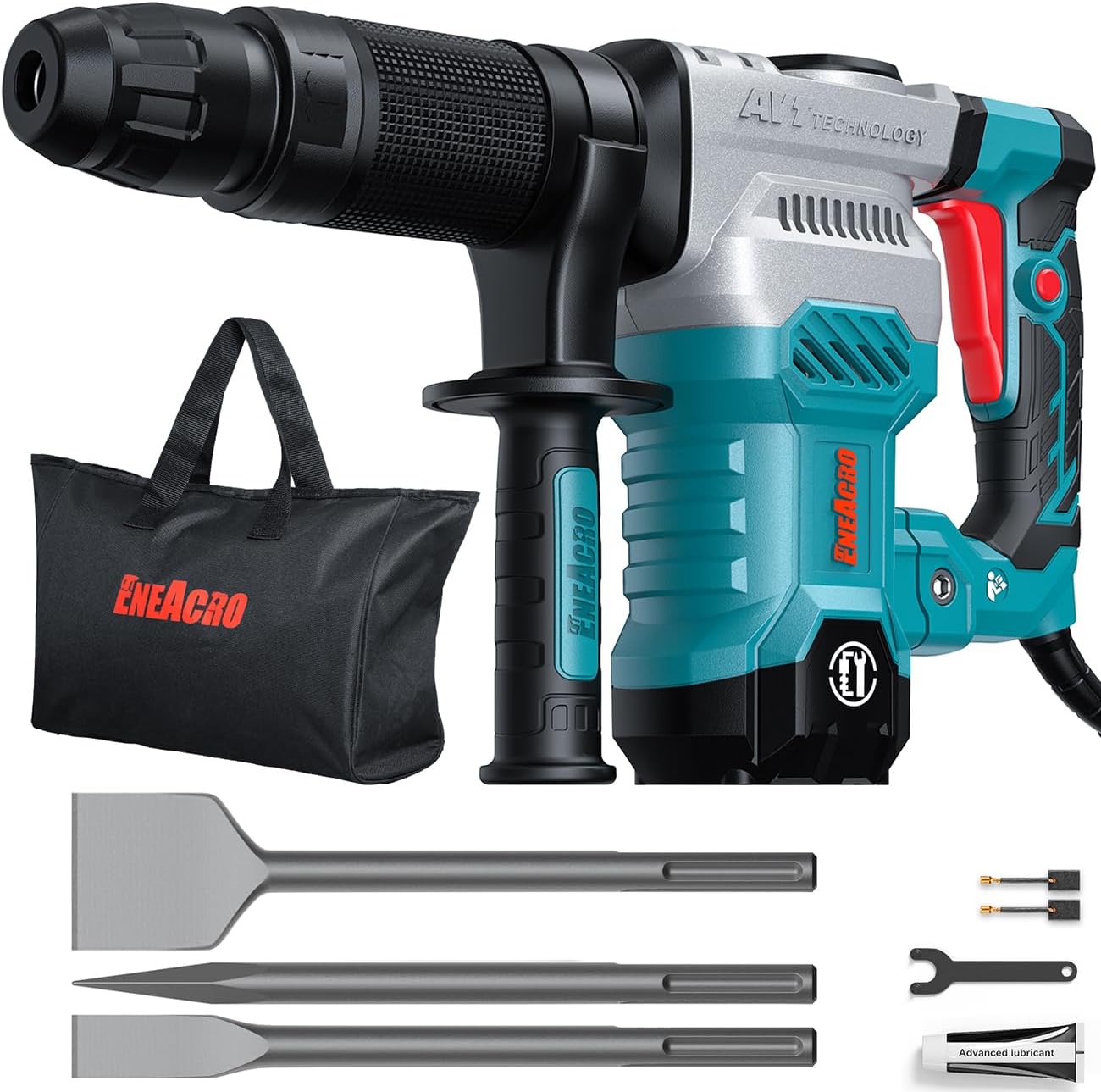 ENEACRO SDS-Max Demolition Jack Hammer, 11 Amp Electric | Lightweight, Aluminum Alloy Shell, Vibration Control, Includes Tool Bag & 3 Chisels, For Concrete