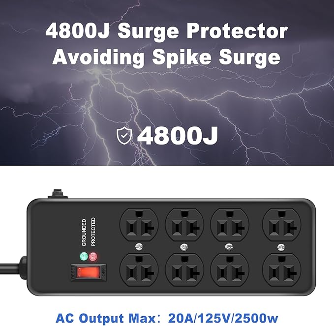 Heavy Duty Surge Protector 20Amp, Metal Power Strip - Image 3