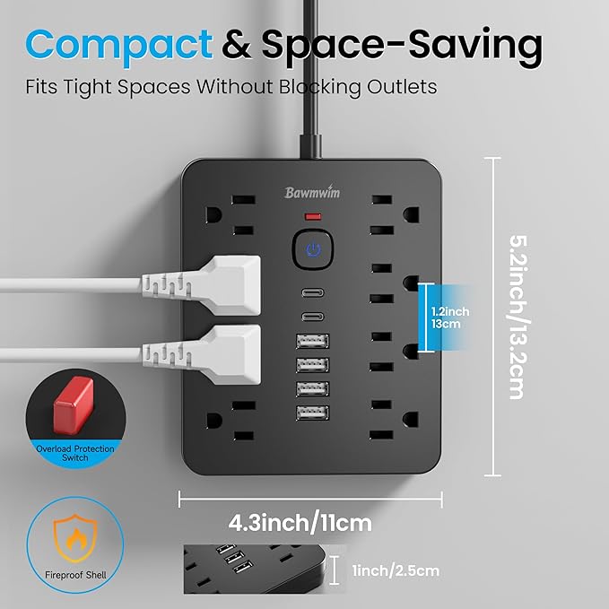 Bawmwim Surge Protector Power Strip, 8 Outlets, 6 USB Charging Ports, 6FT Flat - Image 6