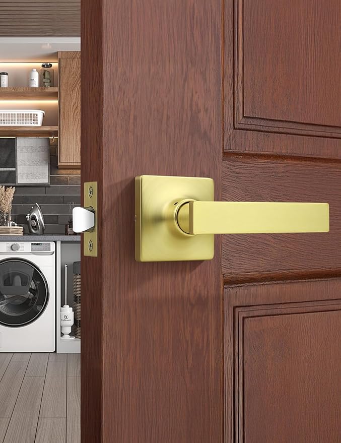 Mengico 1 Pack Passage Door Levers Gold Finish, No-Locking Keyless Square Door by Mengico