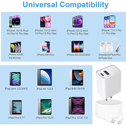 USB C Wall Charger, Dual Port 10FT iPhone Charger 20W PD+QC3.0 Power Adapter - Image 7