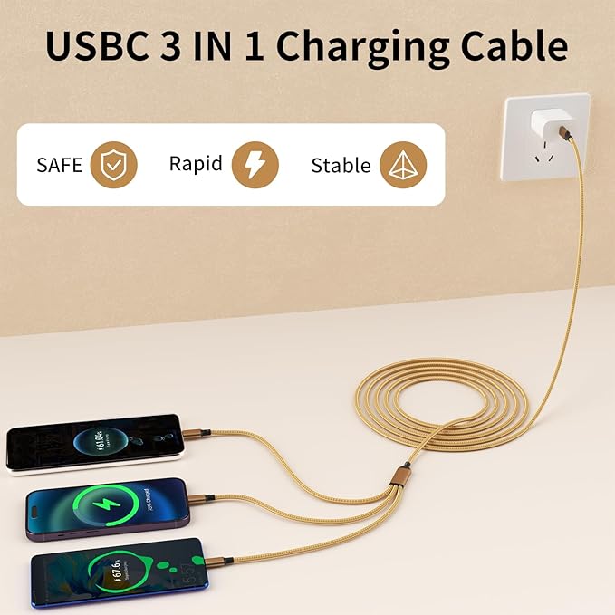 IDISON USB C Multi Charging Cable, 3 in 1 Charging Cable Nylon Braided USB-C - Image 2