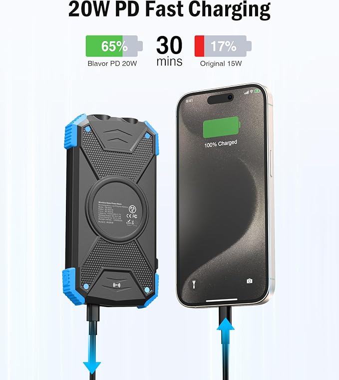 BLAVOR Solar Power Bank 10, Portable Wireless Charger, 20W Fast Charging - Image 3