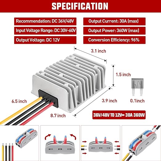 Nilight 48V 36V to 12V Voltage Converter 360W 30A Regulator Step Down to 12VDC - Image 2