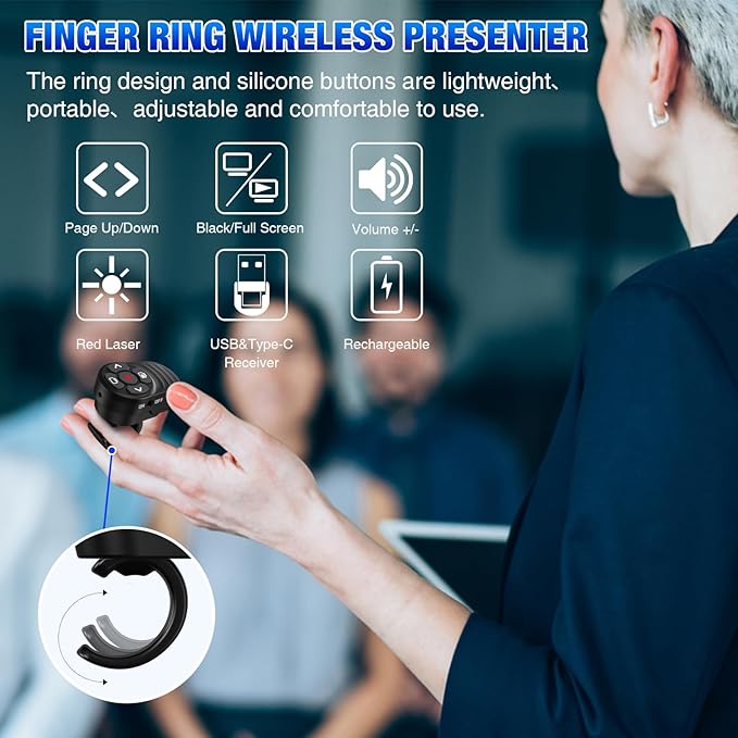 Rechargeable USB Type C Wireless Presentation Clicker, Finger Ring Clicker - Image 2