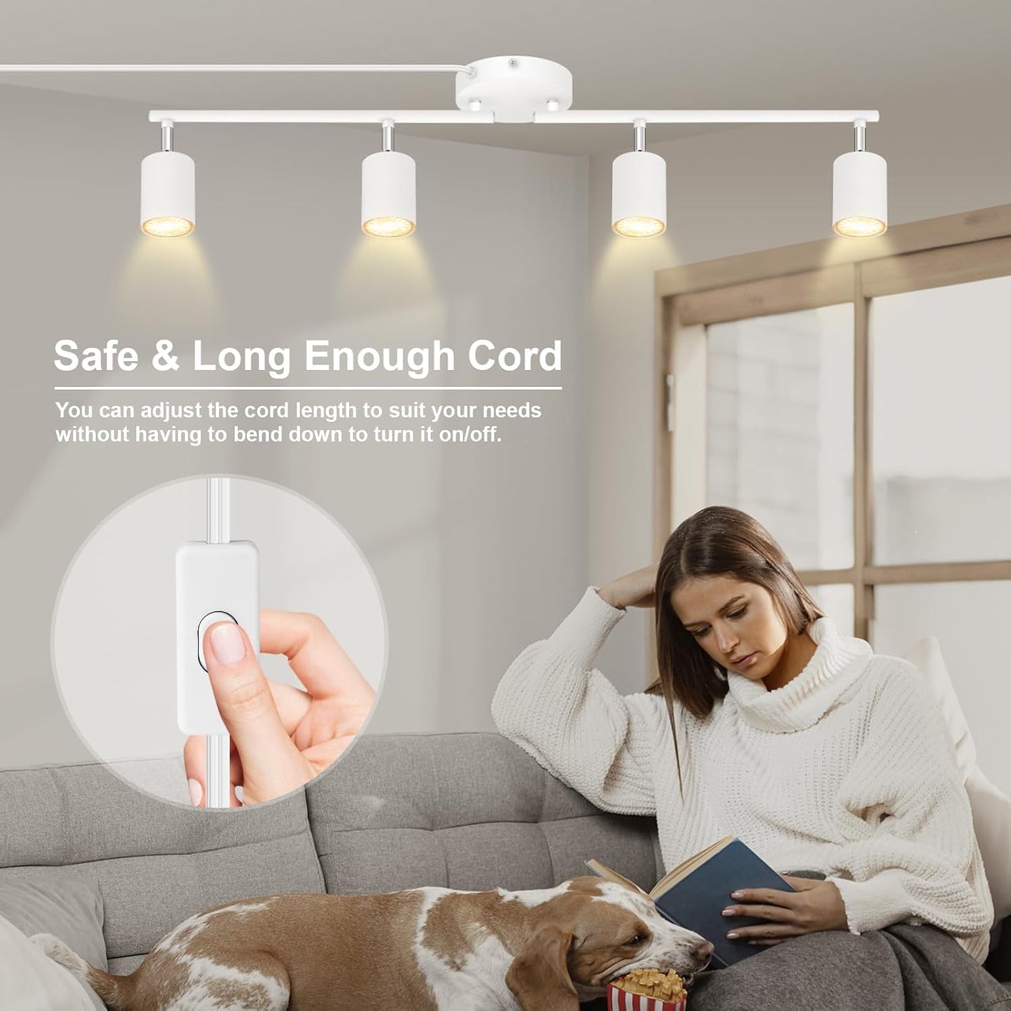 Plug in Track Lighting LED, Track Lighting Fixtures Ceiling, White 4-Light Kitchen Light Kit, Plug in Wall Light with 14.8ft Power Cord, Rotatable Ceiling Spotlight for Bedroom(GU10 Socket, NO Bulb)