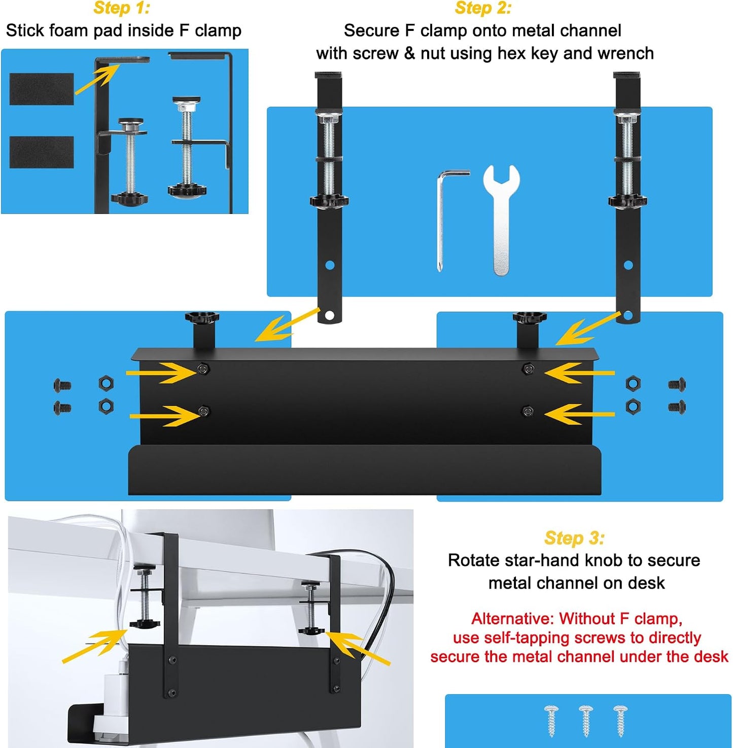 ZhiYo 16.5in Steel Cable Management Under Desk Tray, Large Clamp-On Under Table Cord Hider Tray, No Drill Cable Organizer for Desk, Wire Management Raceway, Black Rack, W3in x H4.7in