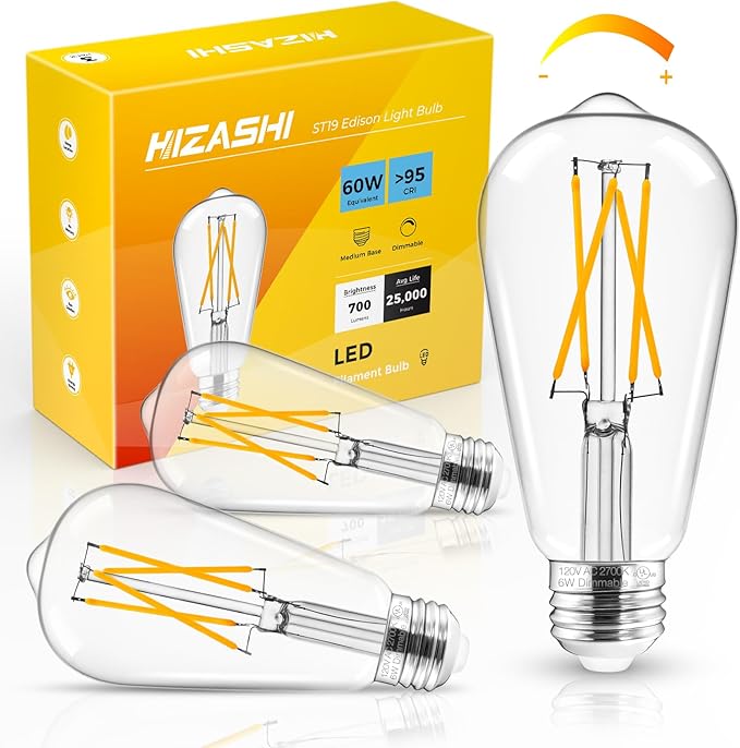 Hizashi Edison Bulb 60 Watt LED, 2700K Dimmable LED Light Bulbs E26 Base by HIZASHI