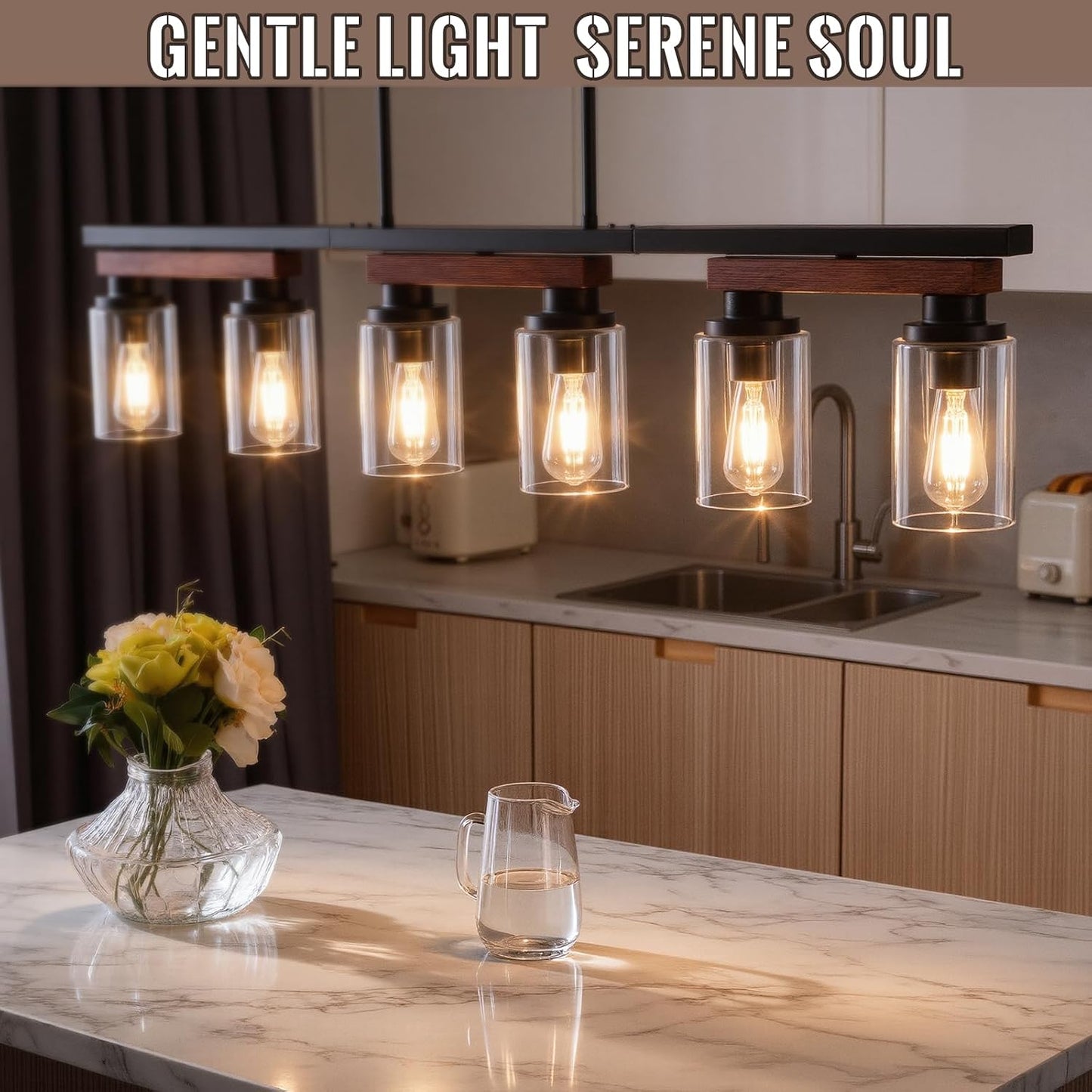 6-Light Black Linear Chandelier,43.3" Dining Room Light Fixture Over Table | Rotating Arms,Wooden Accents,Clear Glass,Adjustable Height, Sloped-ceiling Support for Kitchen Islands, Dining Tables,Bars.