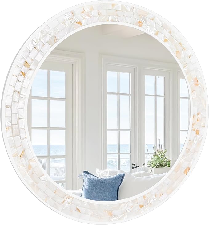 Tanmicoshomy 36 Inch Large Round Mirror, Natural Shell Inlay Framed Large - Image 2