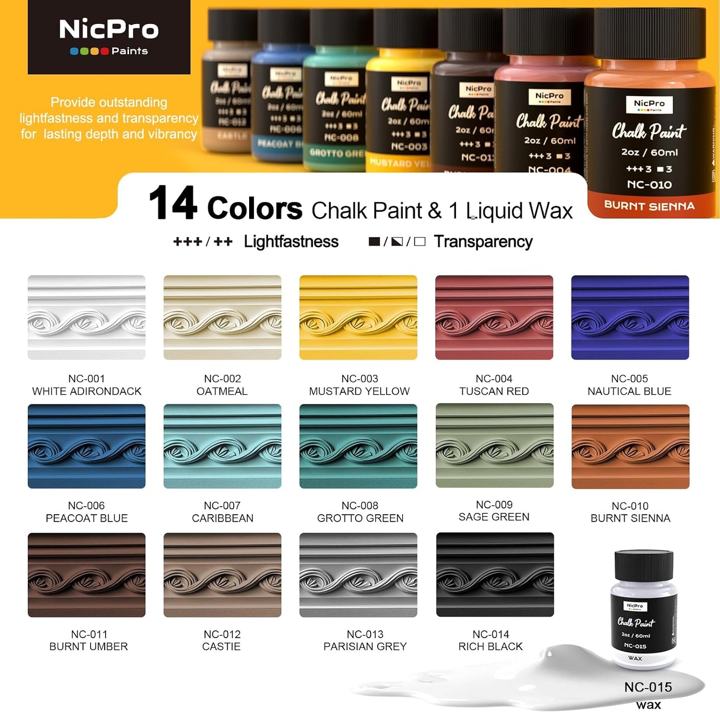 Nicpro 14 Colors Matte Chalk Paint for Furniture with Liquid Wax, 2 oz/60ml | Ultra Matte Finish, Quick Dry, Craft Paint, Home Decor for Wood, Cabinet, Non-Toxic Acrylic Paint Set for Beginner and Artist