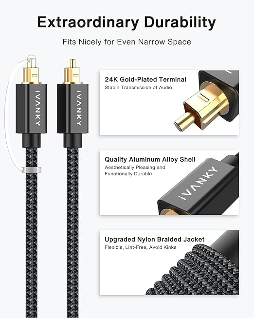 IVANKY Optical Audio Cable 6ft/1.8M, Nylon Braided, 24K Gold-Plated, Slim Metal - Image 2