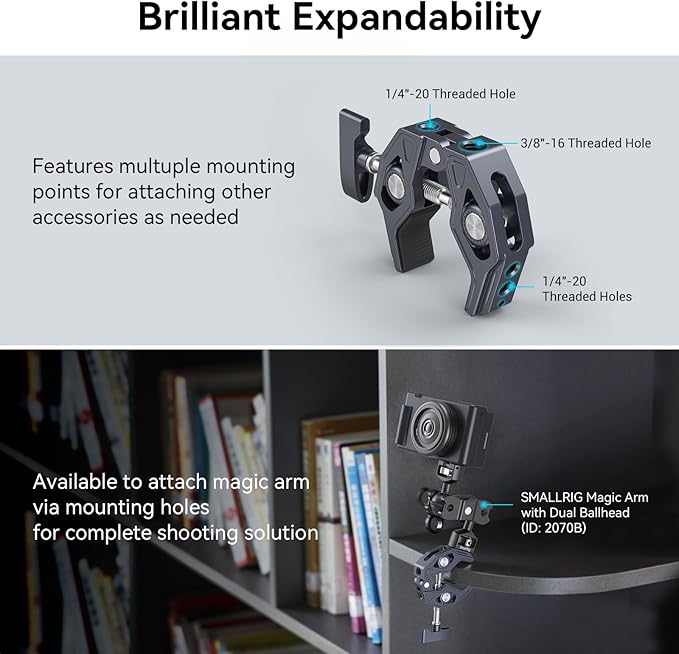 SMALLRIG Crab-Shaped Super Clamp, Camera Mount, 3/8"-16 Threaded Holes - Image 3