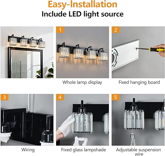 FDPBY Modern Bathroom Vanity Light 4-Lights Plating Black Vanity Light Crystal - Image 7