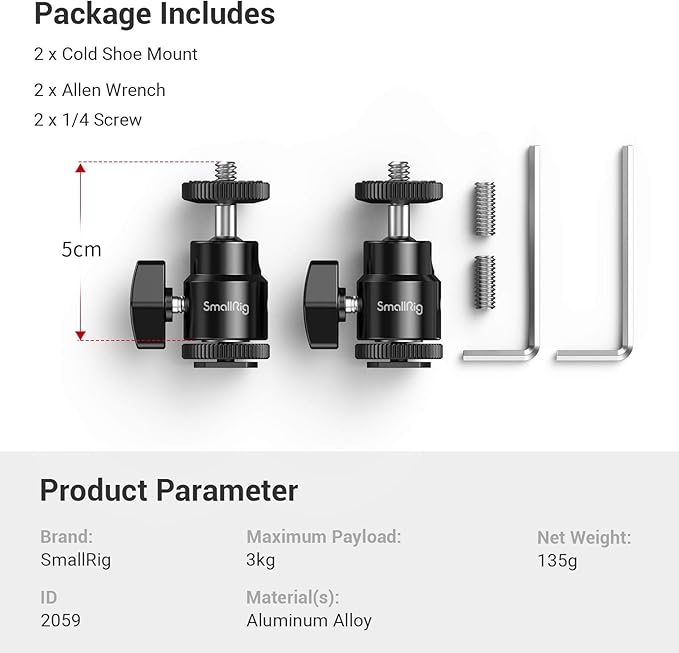 SmallRig 1/4" Camera Hot Shoe Mount, Ballhead Tripod - Image 7