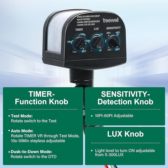 TREEWELL 2 Pack 240-Degree Replacement Motion Sensor, Adjustable LUX & Time & - Image 3