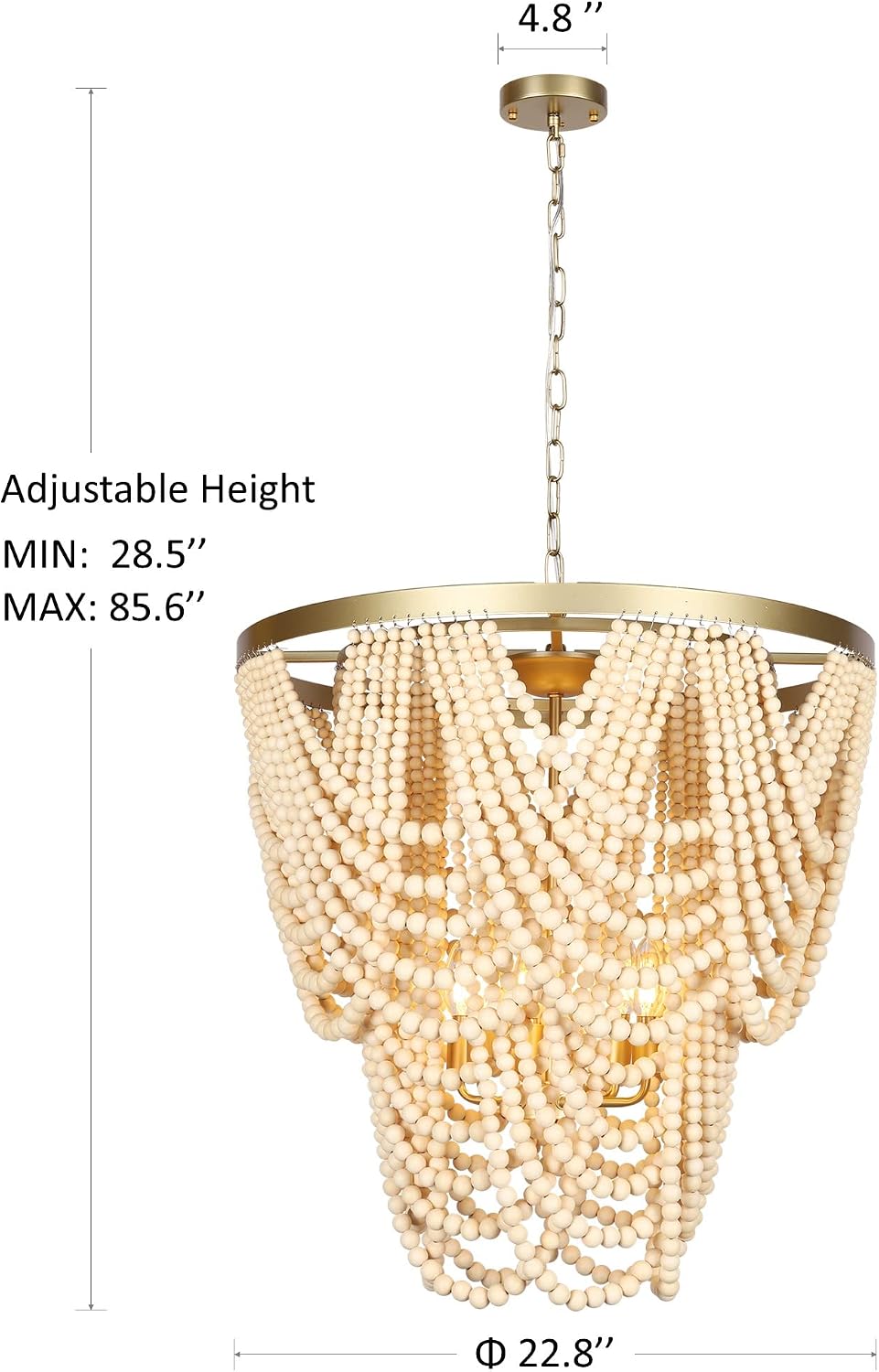 6-Light Bohemia Wood Beaded Chandelier for Dining Room, Coastal Pendant Light for Bedroom, Modern Farmhouse Light Fixtures for Entryway, Gold and Oak Finish