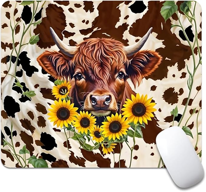 Western Highland Cow Sunflowers and Cowhide Brown Square Mouse pad, Waterproof by Goodsprout