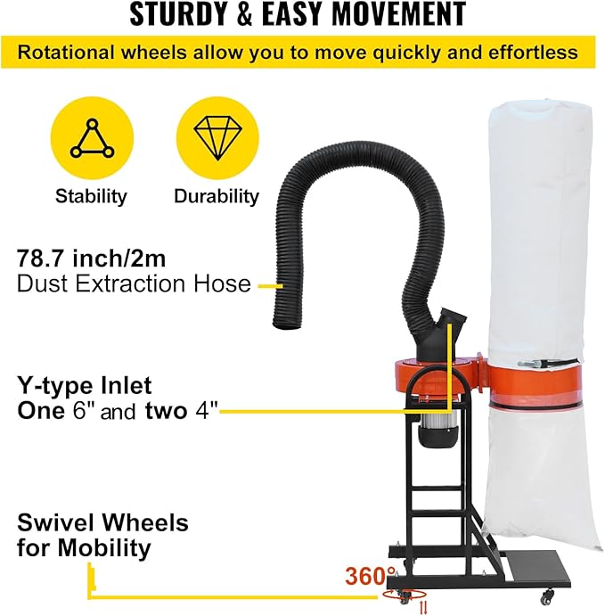VEVOR 1.5 HP Dust Collector, 716 CFM, Portable Vortex Dust Collector, - Image 6