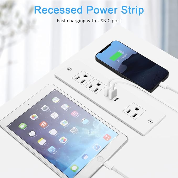 Recessed Power Strip, Furniture Plug in 3 Outlets & Fast Charging 20W PD USB-C - Image 3