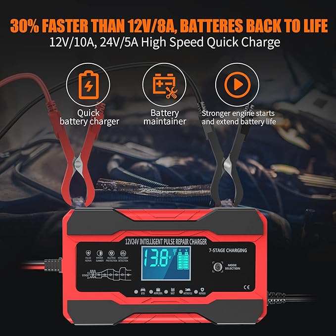 YONHAN Battery Charger 10-Amp 12V and 24V Fully-Automatic Smart Car Battery - Image 2
