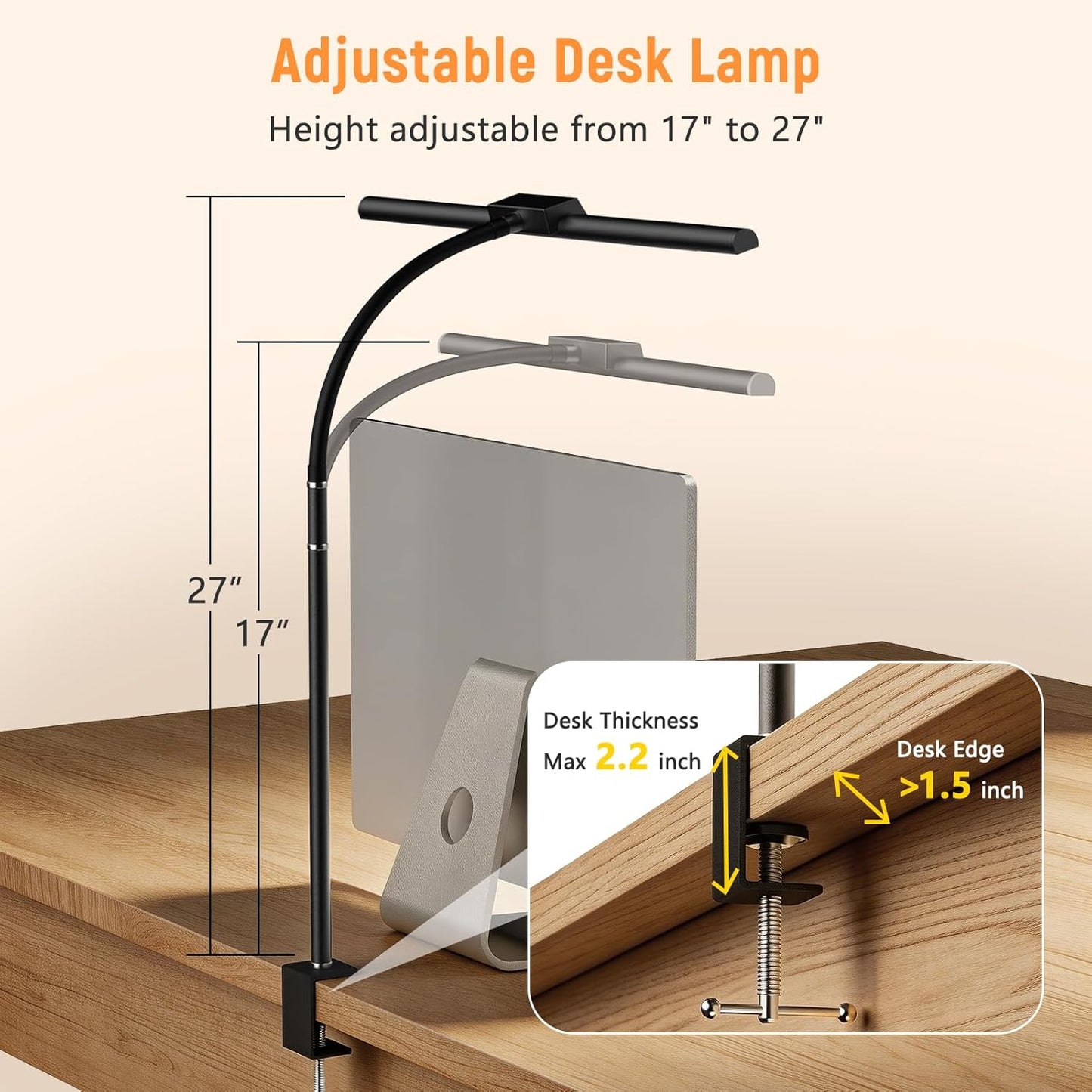 LED Desk Lamp for Home Office, Flexible Gooseneck Desk Lamp with Clamp, 5 Color Touch Control Stepless Dimming Adjustable Eye-Caring Desk Light with Adapter for Reading, Study, Workbench (Black)
