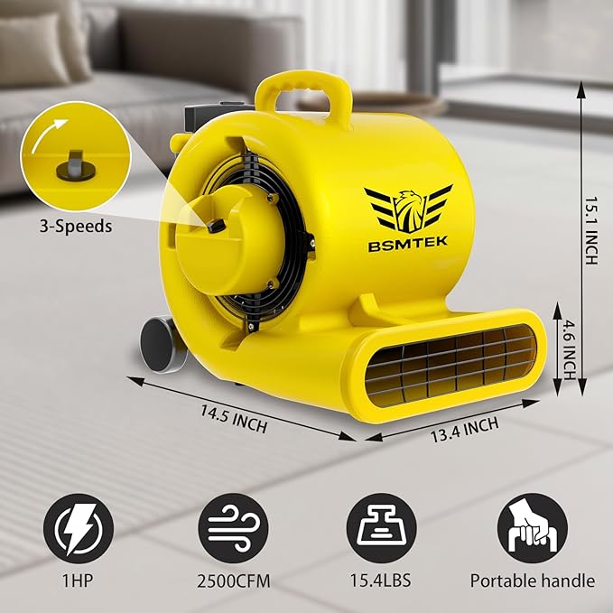 BSMTEK 2500-5000 CFM 1HP Air Mover Blower Fan, Floor Blower Dryer, 3 Speeds - Image 2
