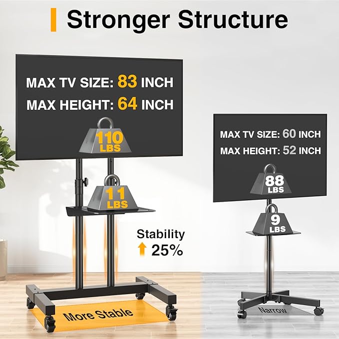 TVON Rolling TV Stand for 32-83 inch Flat Screen/Curved TVs up to 110 lbs - Image 6