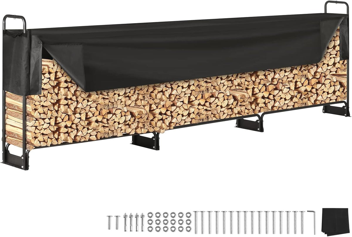vevor 12.7ft outdoor firewood rack with cover, firewood, main product view