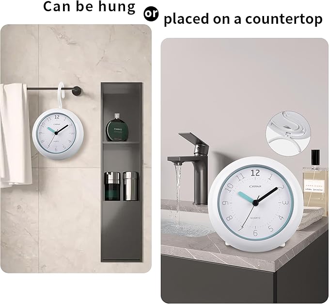 OSTAR Waterproof Bathroom Shower Clock, Analog Quartz Clock Hanging Stand Dual - Image 2