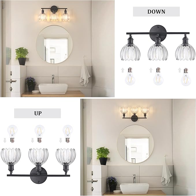 Shenmoyl Bathroom Light Fixtures, 3-Light Black Vanity Wall Light Over Mirror - Image 6