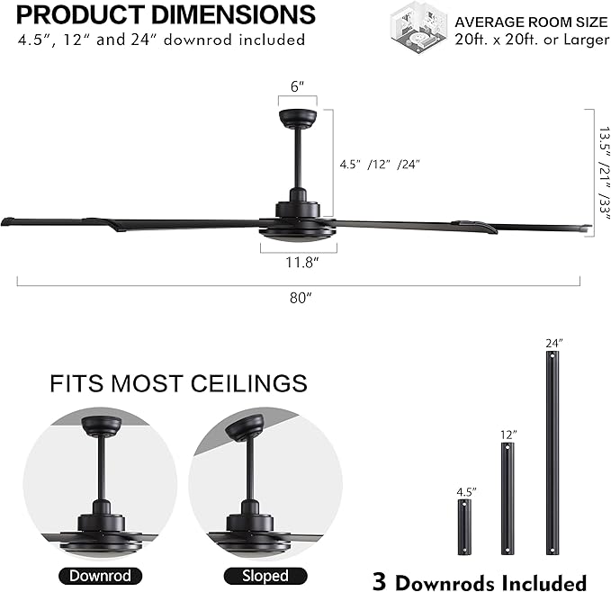 WINGBO 80 Inch Industrial Ceiling Fan without Light, 8 Aluminum Blades Ceiling - Image 4