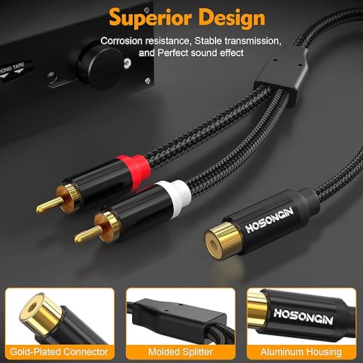 HOSONGIN 1ft RCA Splitter 1 Female to 2 Male Y Adapter 2 Pack, Short RCA Audio - Image 5