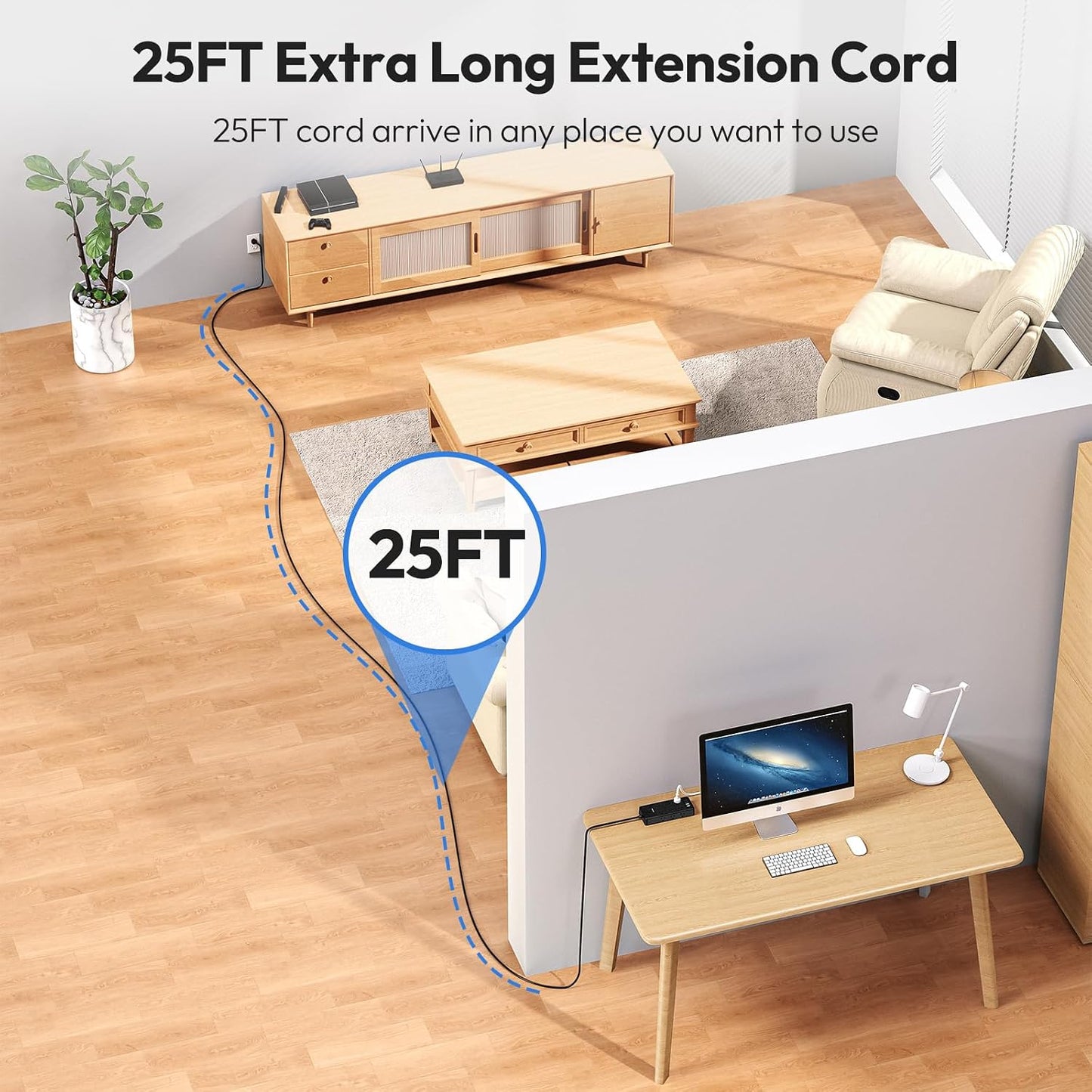 NTONPOWER Long Cord Power Strip, 25 FT Extension Cord with 12 Outlets & 4 USB Ports (2 USB C), 3 Side Multiple Outlet Extender, Wall Mounted for Home Office
