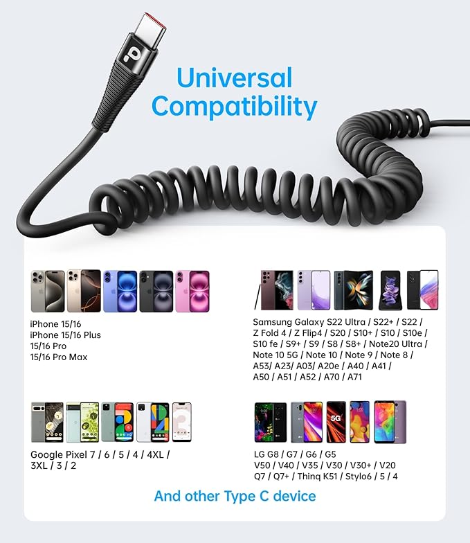 USB C to C Cable for Car 3FT&5FT, Coiled USB C Fast Charging Cable for iPhone - Image 7