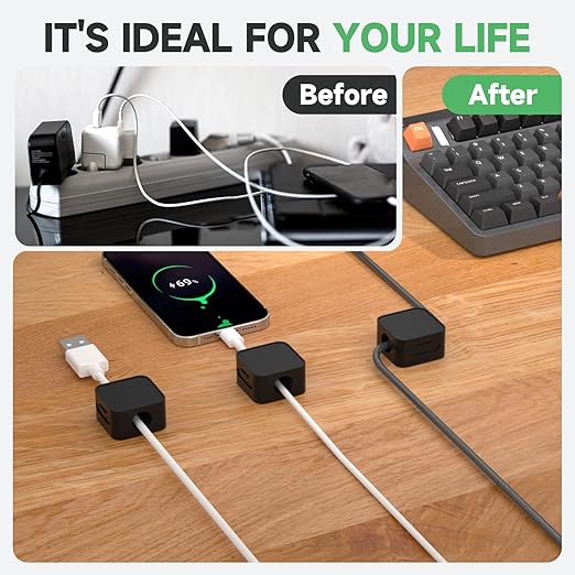 6 Black Magnetic Cable Clips, Under Desk Cable Management, Cord Holder - Image 4
