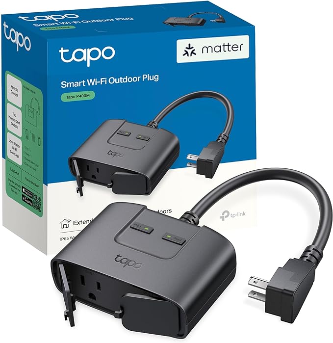 TP-Link Tapo Matter Outdoor Smart Plug, 2 Individual outlets, IP65 Weather by Tapo