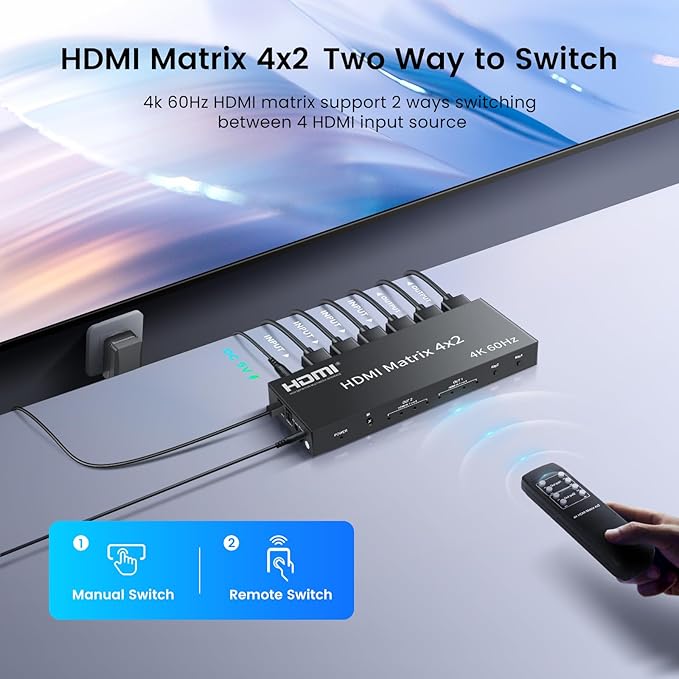 FERRISA 4x2 HDMI Matrix, 4K@60Hz 4 in 2 Out HDMI Switch Splitter - Image 3