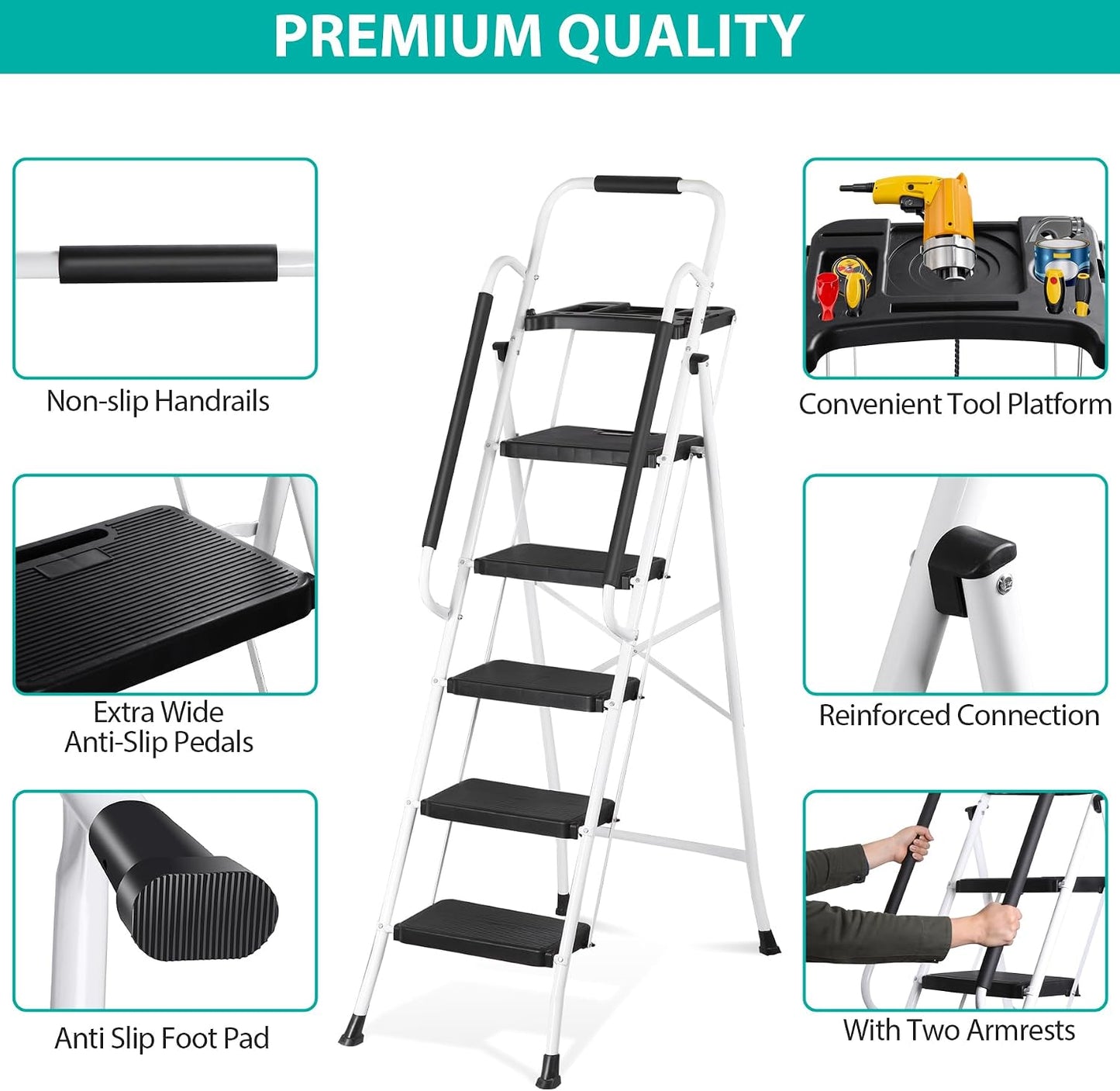 ZENY 5 Step Ladder, Step Stool Foldable with Anti-Slip Pedal & Comfortable Handrail, Sturdy Steel Ladder, Protable Heavy Duty Step Stool for Kitchen, Garage & Outdoor Use (White)