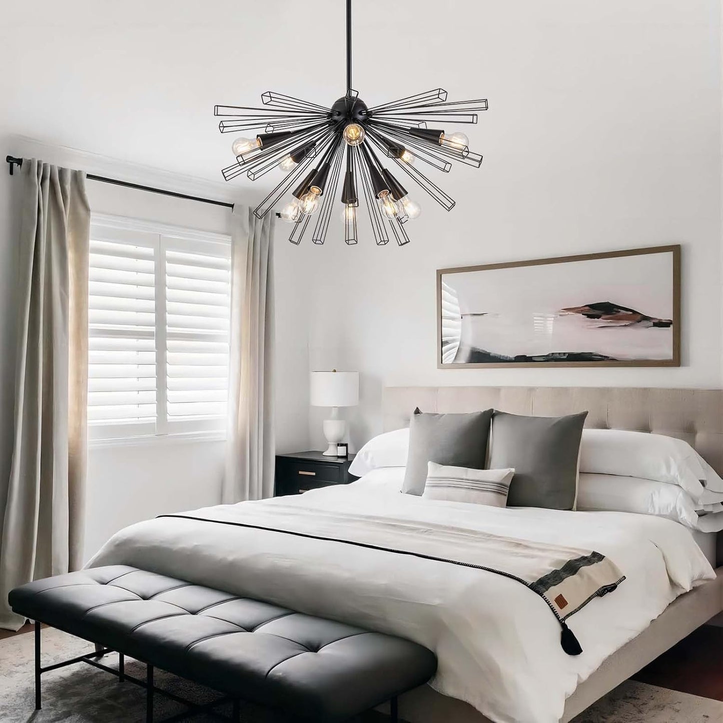 10-Light Black Sputnik Chandeliers, Modern Starburst Chandelier | 33" Farmhouse Dining Room Light Fixture, Large Pendant Light Fixture for Living Room Bedroom Kitchen, Adjustable Height, E26