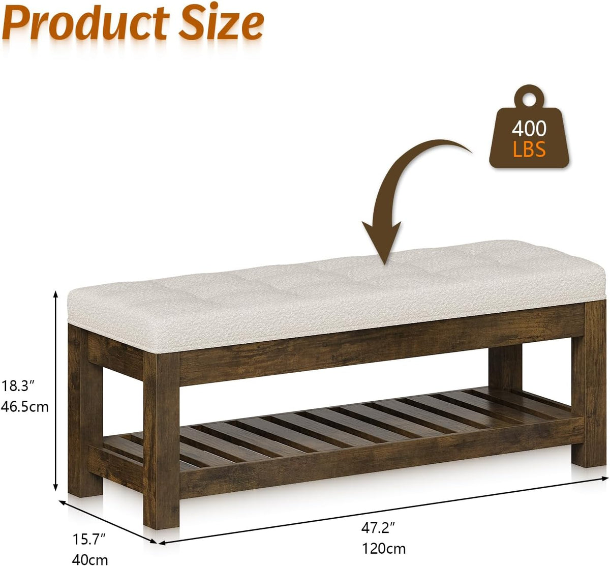 47.2" upholstered ottoman bench with wood storage shelf showing dimensions